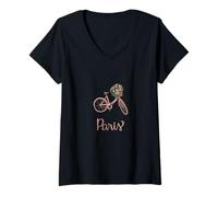 Women's Paris Floral Bicycle Travel Abroad Study Romantic French V-Neck T-Shirt