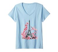 Womens Paris Flowers Cherry Blossom Eiffel Tower V-Neck T-Shirt