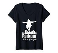 Womens Parkour Jump - Dynamic Urban Design V-Neck T-Shirt