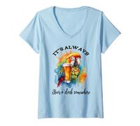 Womens Parrot Drinking Its Beer OClock Somewhere Always 5 O'Clock V-Neck T-Shirt