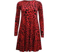 Women's Party Dresses UK Long Sleeve Midi Plain and Printed Flared Round Neck A line Skater Swing Dress Ladies Jersey Tee Flared Plus Size Dress Summer Winter (Red Leopard, 24-26)