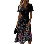 Womens Party Dresses Women V Neck Short Sleeve Patchwork Print Midi Dress with Fitted Waist and Flared Hem for Casual Daily Wear Black 2XL