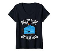 Womens Party Dude Birthday Mood Happy Cake V-Neck T-Shirt