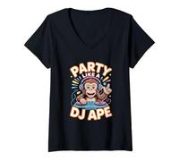 Womens Party Like A DJ Ape Rave EDM Monkey Headphones V-Neck T-Shirt