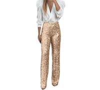 Women's Party Sequins Elastic Waist Slim Fit Elastic Flared Trousers Fashion Plain Trousers, gold, M