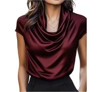 Womens Party Tops Satin Cowl Neck Blouse Short Sleeve Elegant Loose Fit Silky Going Out Tops for Office Wear Smart Casual Shirt Draped Tunic or Special Occasion Ladies Blouses M Wine