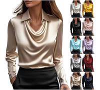 Womens Party Tops Satin Silk Blouses for Women UK Elegant Cowl Neck Long Sleeve Shirts Trendy Solid Color Tunic Blouse Casual Ruched Front Draped Tops Formal Office Work Wear