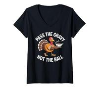 Womens Pass The Gravy Not The Ball - Festive Turkey Humor V-Neck T-Shirt