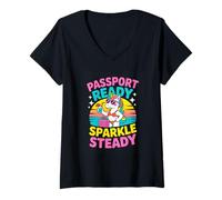 Women's Passport Ready Sparkle Steady Unicorn Beach Travel V-Neck T-Shirt