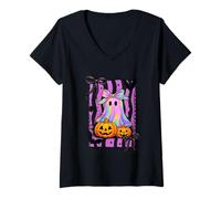 Womens Pastel Ghost With Pumpkins And Bows Halloween Fun V-Neck T-Shirt