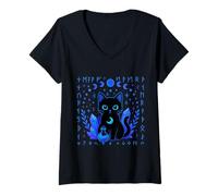 Womens Pastel Goth Black Witchy Cat Crystals Runes Gothic Kawaii V-Neck T-Shirt