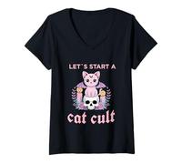 Womens Pastel Goth Cat Cult Kawaii Creepy Cute V-Neck T-Shirt