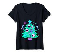 Womens Pastel Goth Christmas Spooky Kawaii Creepy Gothmas Tree V-Neck T-Shirt