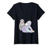 Women's Pastel Goth Kawaii Cute Little Baby Monkey Punch V-Neck T-Shirt
