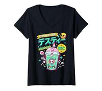Women's Pastel Goth Spooky Boba Tea Skull Japanese Halloween V-Neck T-Shirt