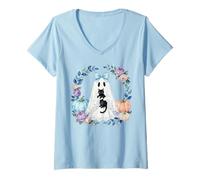 Womens Pastel Halloween Lace Ghost Coquette Bow Leopard Spooky V-Neck T-Shirt