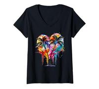 Womens Pastel Heart Sky with Dripping Sunset and Palm Trees V-Neck T-Shirt