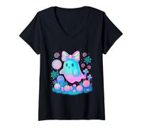 Womens Pastel Kawaii Ghost with Candy and Bow V-Neck T-Shirt