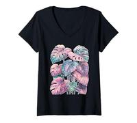 Women's Pastel Monstera Deliciosa Swiss Cheese Plant Botanical Art V-Neck T-Shirt