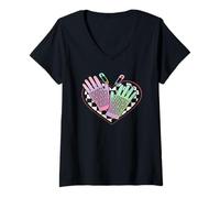 Womens Pastel Punk Fishnet Gloves on Checkered Heart Emo Safety Pin V-Neck T-Shirt