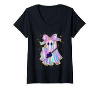 Womens Pastel Rainbow Ghost With Bow Halloween Style V-Neck T-Shirt