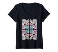 Women's Pastel Rubber Fig Leaves Plant Leaf Collage Botanical Dreamy V-Neck T-Shirt