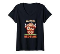 Womens Pasture Bedtime Micro Mini Highland Cow Cute Calf Funny Moo V-Neck T-Shirt