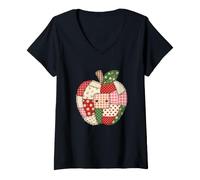 Women's Patchwork Apple Kawaii Back to School Teacher V-Neck T-Shirt