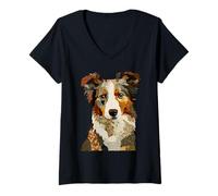 Women's Patchwork Australian Shepherd Boho Collage Quilt Art Graphic V-Neck T-Shirt