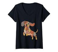 Womens Patchwork Dachshund Retro Dog Design for Dachshund Lovers V-Neck T-Shirt