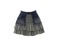 Women's Patchwork Denim Skirt Vintage Y2k Summer Lace Up Short Skirt Harajuku Korean Chic Fashion Kawaii Punk A-line Mini Skirt-Blue-M