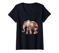 Womens Patchwork Elephant Boho Floral Ethnic Mandala V-Neck T-Shirt