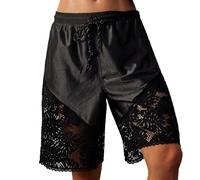 Womens Patchwork Lace Trim Shorts Elastic High Waist Y2K Pants Solid Drawstring Baggy Short Athletic Pants Lightweight Breathable Summer Quick Dry Sweatpants Satin Lounge Bottoms Workout Basketball