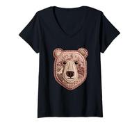 Women's Patchwork Polar Bear Floral Animal Boho Folk Art Graphic V-Neck T-Shirt