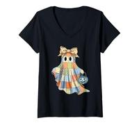 Women's Patchwork Quilter Fall Ghost Bow Quilt Block Autumn Quilting V-Neck T-Shirt