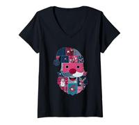 Womens Patchwork Santa Claus Christmas Joy V-Neck T-Shirt
