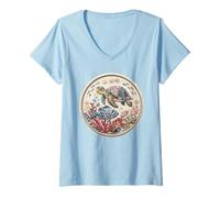 Women's Patchwork Sea Turtle Fish Marine Garden Ocean Art V-Neck T-Shirt