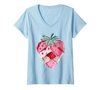 Women's Patchwork Strawberry Country Farmhouse Style V-Neck T-Shirt