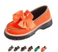 Women's Patent Bowknot Thick Sole Loafers, Comfortable Wide Orthopedic Slip on Shoes Platform Chunky Penny Loafer for Business Office (6.5,Orange)