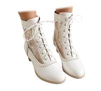 Women's Patent Finish Strappy Short Boots Block Mid Heel Party Footwear with Semi-Transparent Lace Mesh Traditional Oktoberfest Shoes Bavarian German Dirndl Dance Shoe White