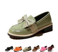 Women's Patent Leather Bow Chunky Heel Loafers,Round Toe Platform Slip On Shoes with Anti-Slip Sole,Comfortable Low Block Heel Flats for Everyday Business Office Work (Green,6)