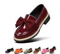 Women's Patent Leather Bow Chunky Heel Loafers,Round Toe Platform Slip On Shoes with Anti-Slip Sole,Comfortable Low Block Heel Flats for Everyday Business Office Work (Red,4)