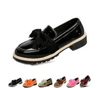 Women's Patent Leather Bow Chunky Heel Loafers,Round Toe Platform Slip On Shoes with Anti-Slip Sole,Comfortable Low Block Heel Flats for Everyday Business Office Work (Black,7)