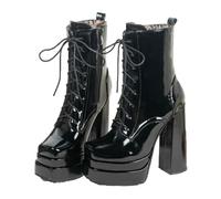 Women's Patent Leather Chunky Heeled Punk Style Combat Boots Black