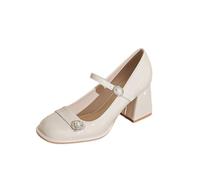 Women's Patent Leather High Heels - 7cm Chunky Heel Low Cut Pumps - All-Day Comfort & Lightweight, Perfect for Office Work, Wedding Parties,White,6 UK