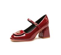 Women's Patent Leather High Heels - 7cm Chunky Heel Low Cut Pumps - All-Day Comfort & Lightweight, Perfect for Office Work, Wedding Parties,Wine Red,2 UK