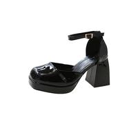 Women's Patent Leather Mary Jane Platform Ankle Strap Round Toe Chic Heels Comfortable Block Heel Non-Slip for Office Work Daily Walk, A black, 7 UK