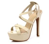 Women's Patent Leather Platform Heels Open Toe Cross Strap Stiletto Sandals Glam Party Dress Heels for Cocktail Party & Evening Event High Heel Platform,Beige,11 UK