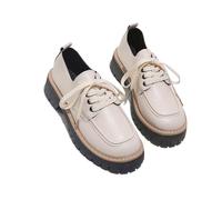 Women's Patent Leather Platform Lace Up Loafers, Round Toe Chunky Heel Non-Slip Loafers, Comfortable Lug Sole Dressy Office Work Shoes (Beige,6)