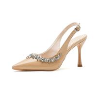 Women's Patent Leather Pointed Toe Low Cut Pumps - 3.5 Inch Stiletto Heel Business Formal High Heels for Work, Party, Wedding,Beige,6.5 UK